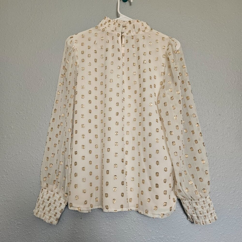 LOFT Clip Ruffle Smocked Blouse Women SZ Medium gauzy top lightweight lined Gold - Picture 5 of 15